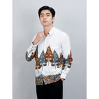 Swipe Up Kemeja Batik Pria Modern Lengan Panjang Wayang Laksmana White