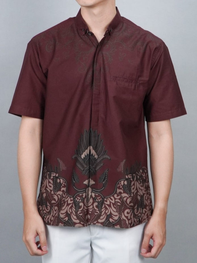 Swipe Up Kemeja Batik Pria Modern Lengan Pendek Widura Maroon