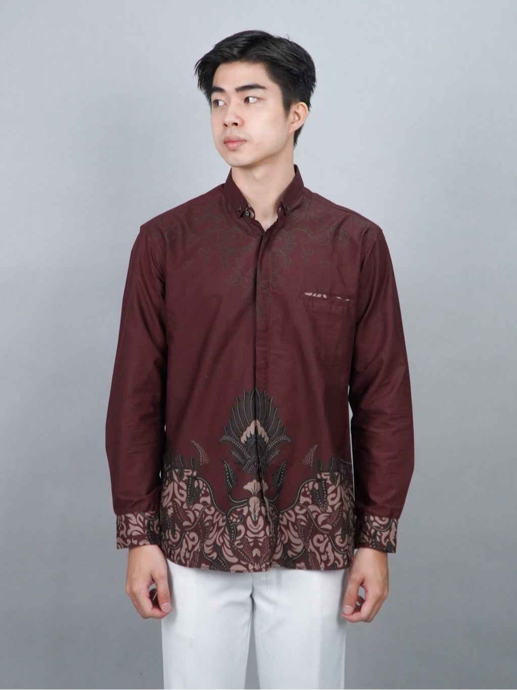 Swipe Up Kemeja Batik Pria Modern Lengan Panjang Widura Maroon