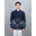 Swipe Up Kemeja Batik Pria Modern Slimfit Katun Lengan Panjang Motif Katsura Navy