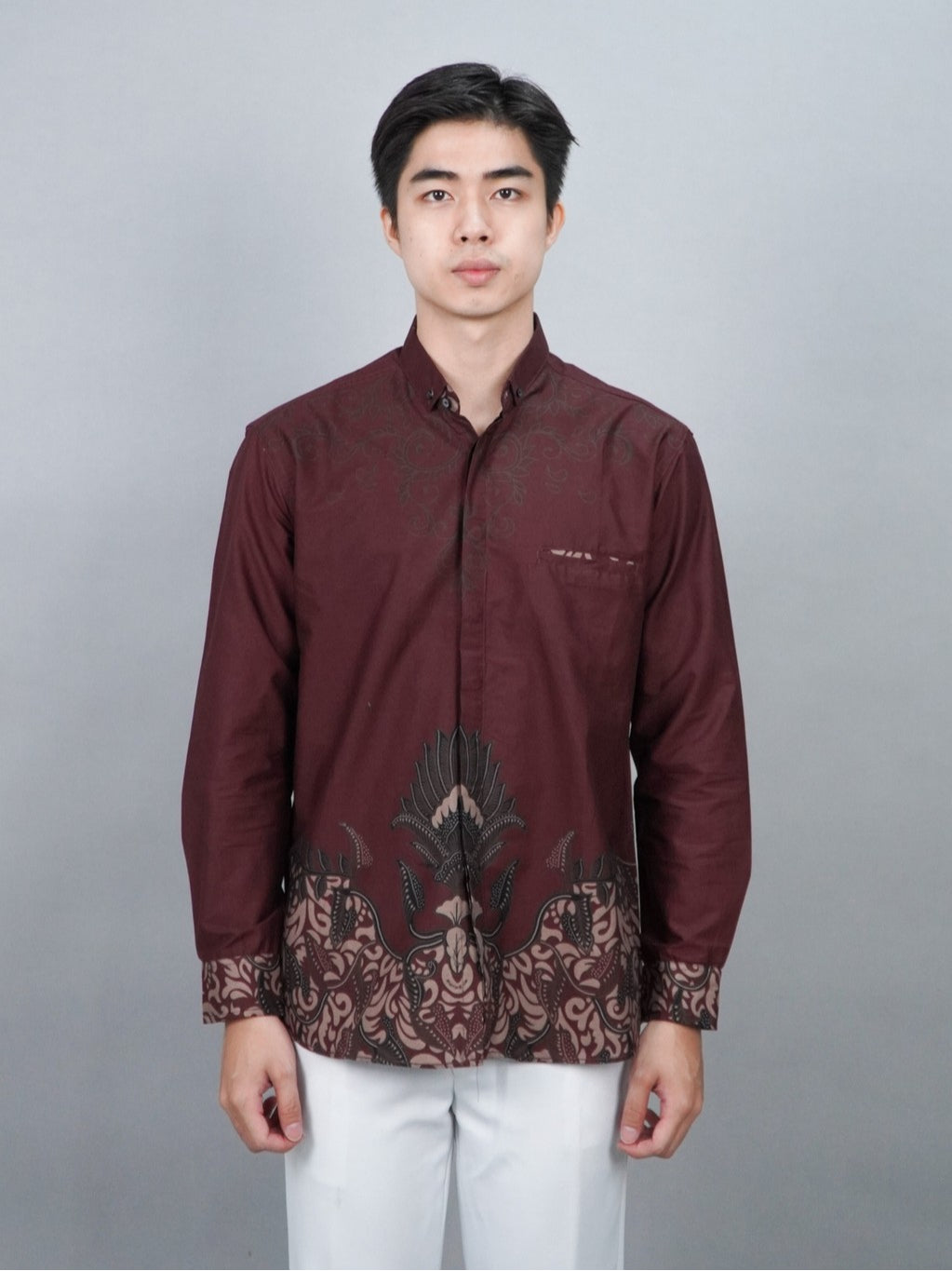 Swipe Up Kemeja Batik Pria Modern Lengan Panjang Widura Maroon