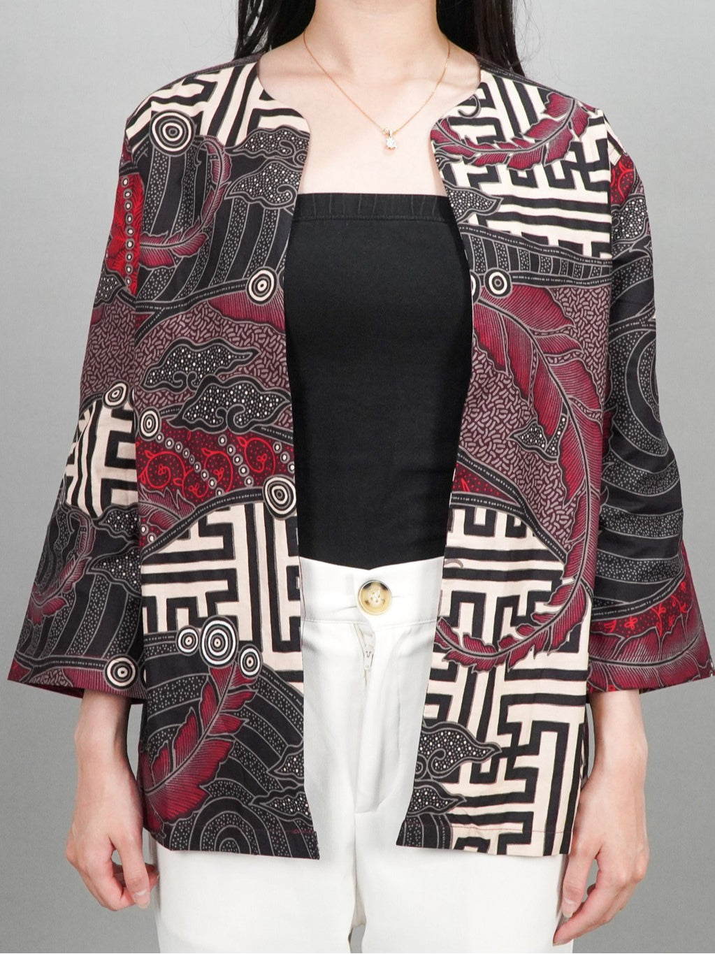 Swipe Up Outer Batik Wanita Modern Lengan 3/4 Kiiro Maroon