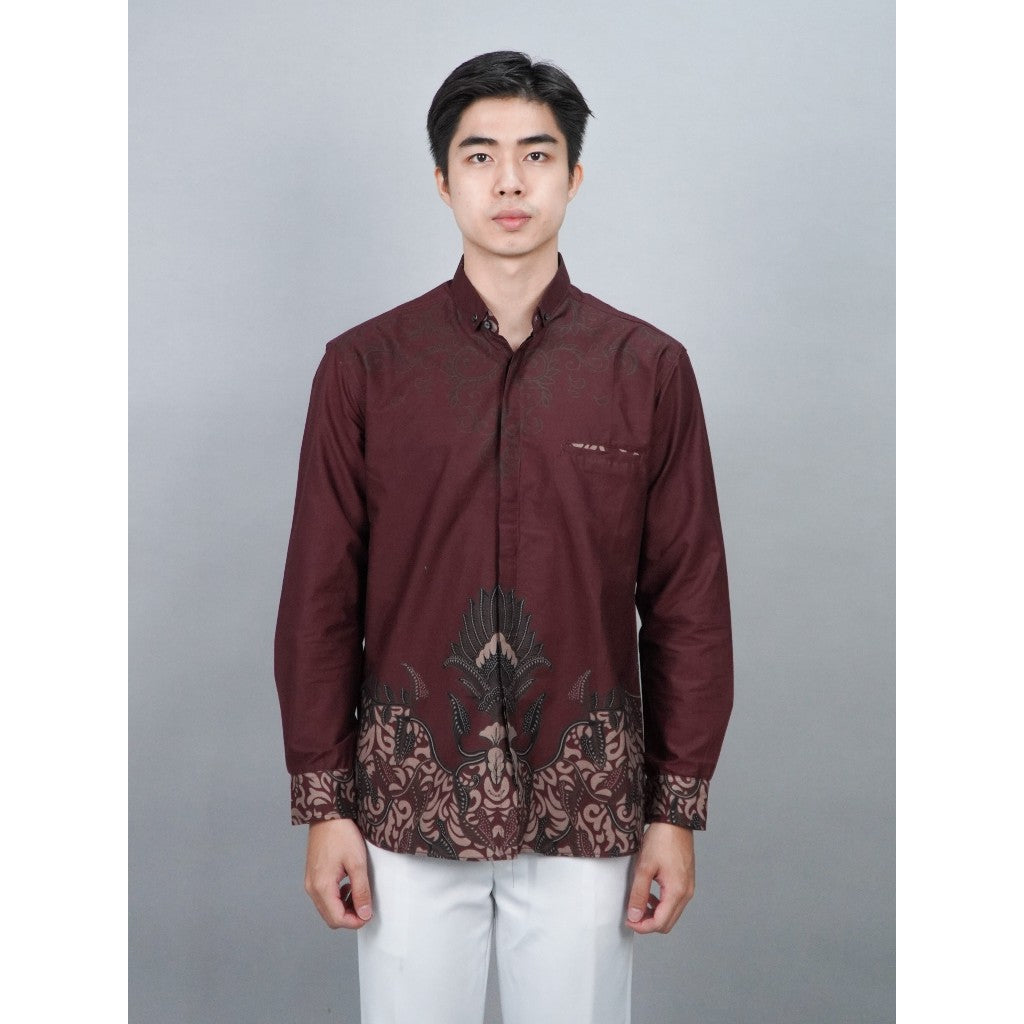 Swipe Up Kemeja Batik Pria Modern Lengan Panjang Widura Maroon