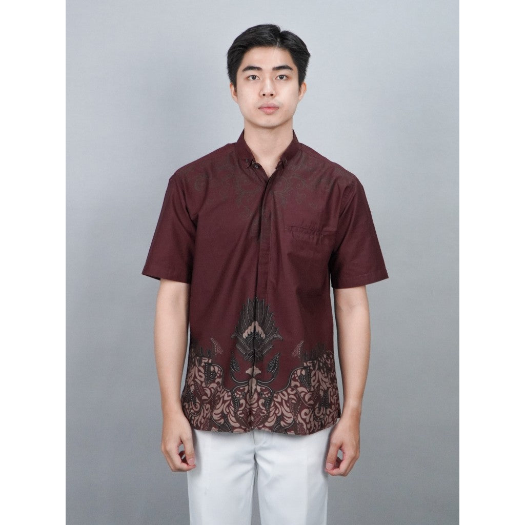 Swipe Up Kemeja Batik Pria Modern Lengan Pendek Widura Maroon