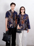 Swipe Up Kemeja Batik Couple Pria Wanita Modern Akai Navy Brown