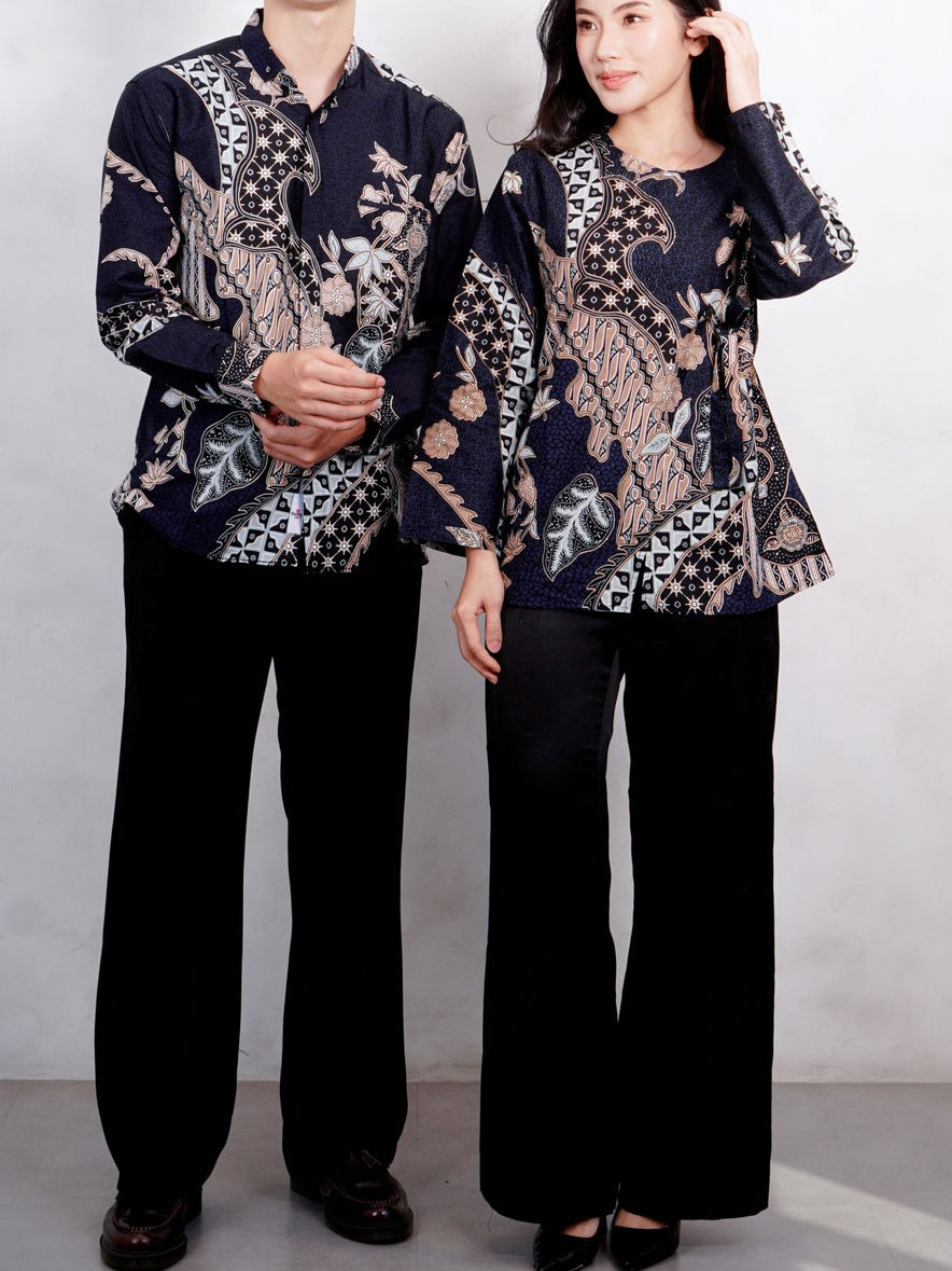 Swipe Up Kemeja Batik Couple Pria Wanita Modern Akai Navy Cream