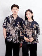 Swipe Up Kemeja Batik Couple Pria Wanita Modern Akai Navy Cream