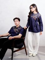 Swipe Up Kemeja Batik Couple Pria Wanita Modern Suiren Navy