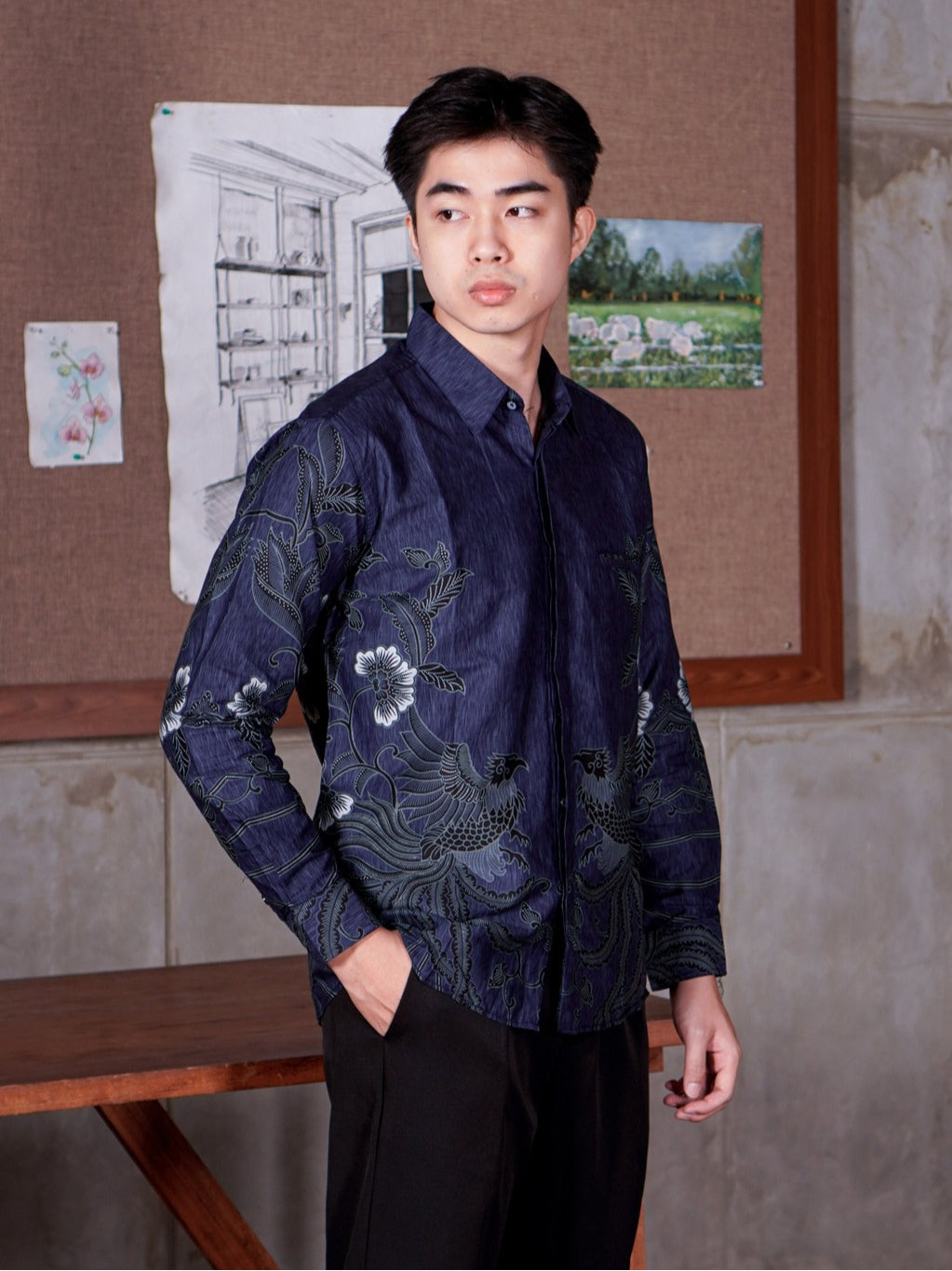 Swipe Up Kemeja Batik Pria Modern Slimfit Katun Lengan Panjang Motif Gokura Blue