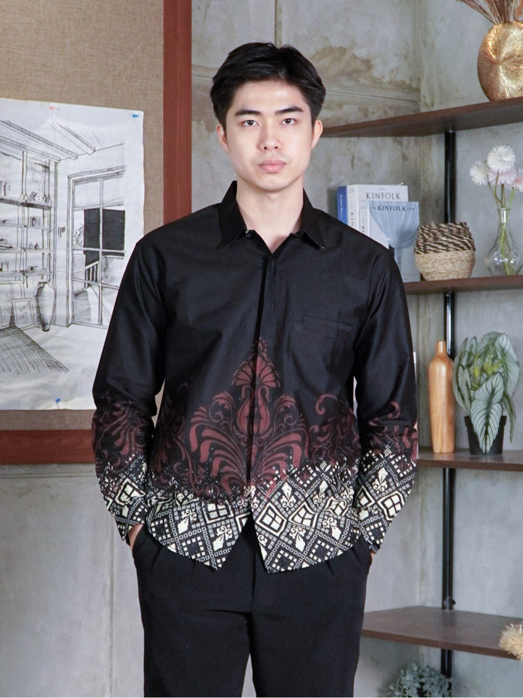 Swipe Up Kemeja Batik Pria Katun Slimfit Modern Lengan Panjang Motif Kresna Black