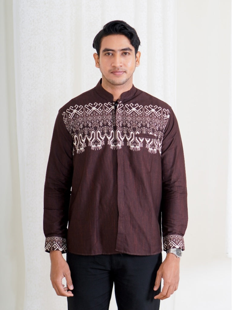 Swipe Up Kemeja Koko Pria Modern Katun Lengan Panjang Motif Rayyan Mahogany