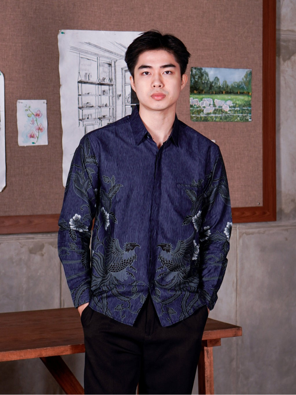 Swipe Up Kemeja Batik Pria Modern Slimfit Katun Lengan Panjang Motif Gokura Blue