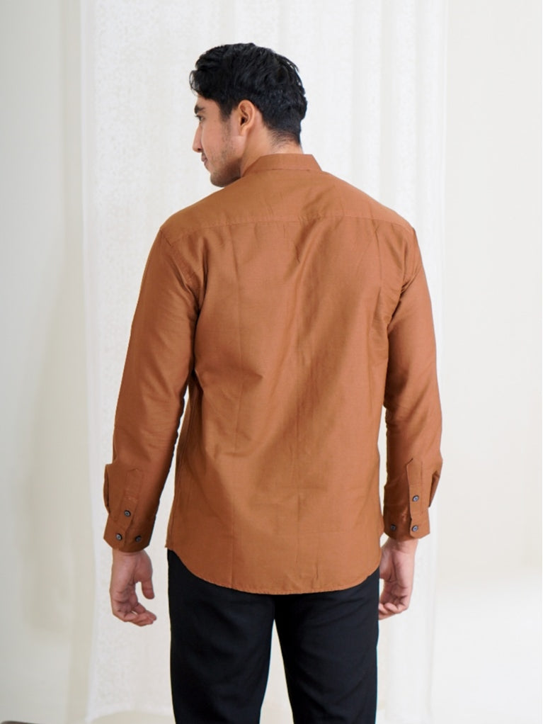 Swipe Up Kemeja Koko Pria Modern Katun Lengan Panjang Motif Arfathan Brown