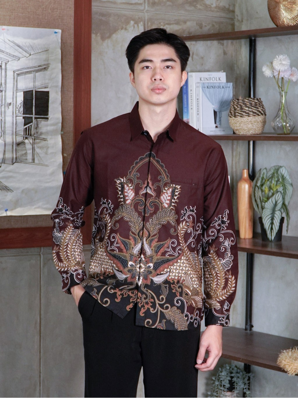 Swipe Up Kemeja Batik Pria Modern Slimfit Lengan Panjang Abimanyu Mahogany