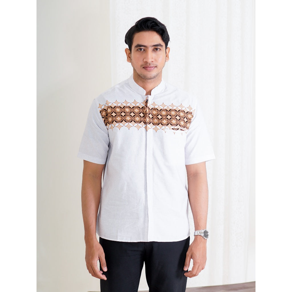 Swipe Up Kemeja Koko Pria Modern Katun Lengan Pendek Motif Fayez Navy