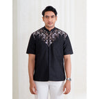 Swipe Up Kemeja Koko Pria Modern Katun Lengan Pendek Motif Arfathan Black
