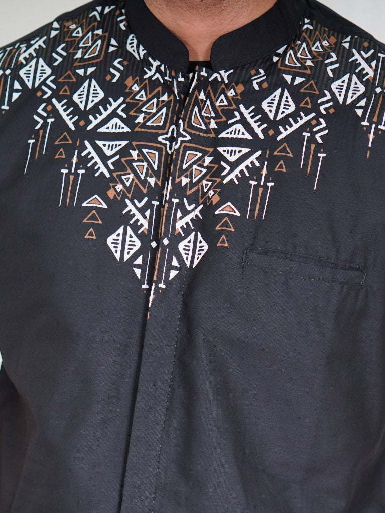 Swipe Up Kemeja Koko Pria Modern Katun Lengan Pendek Motif Arfathan Black