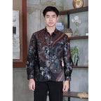 Swipe Up Kemeja Batik Pria Katun Modern Slimfit Lengan Panjang Hoya Mahogany Black
