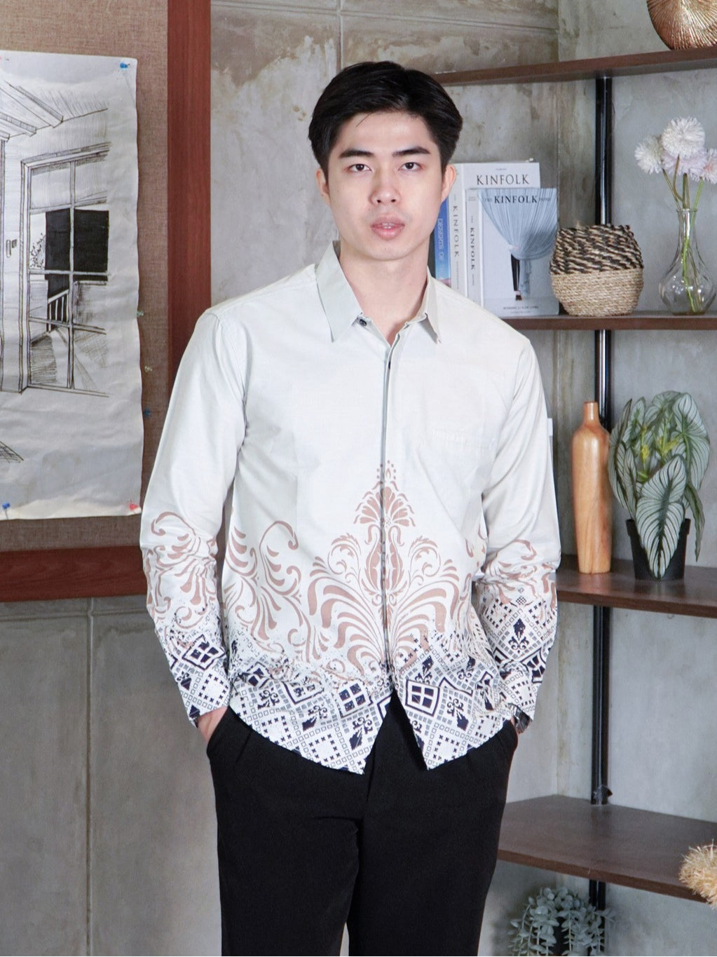 Swipe Up Kemeja Batik Pria Katun Slimfit Modern Lengan Panjang Motif  Kresna Cream