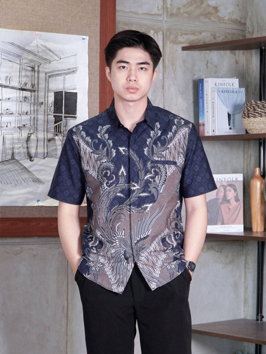 Swipe Up Kemeja Batik Pria Katun Modern Slimfit Lengan Pendek Keitoo Navy