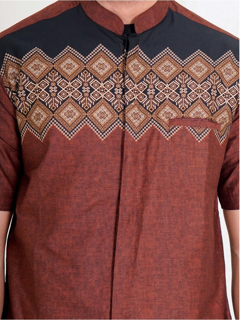 Swipe Up Kemeja Koko Pria Modern Katun Lengan Pendek Motif Aydan Brown