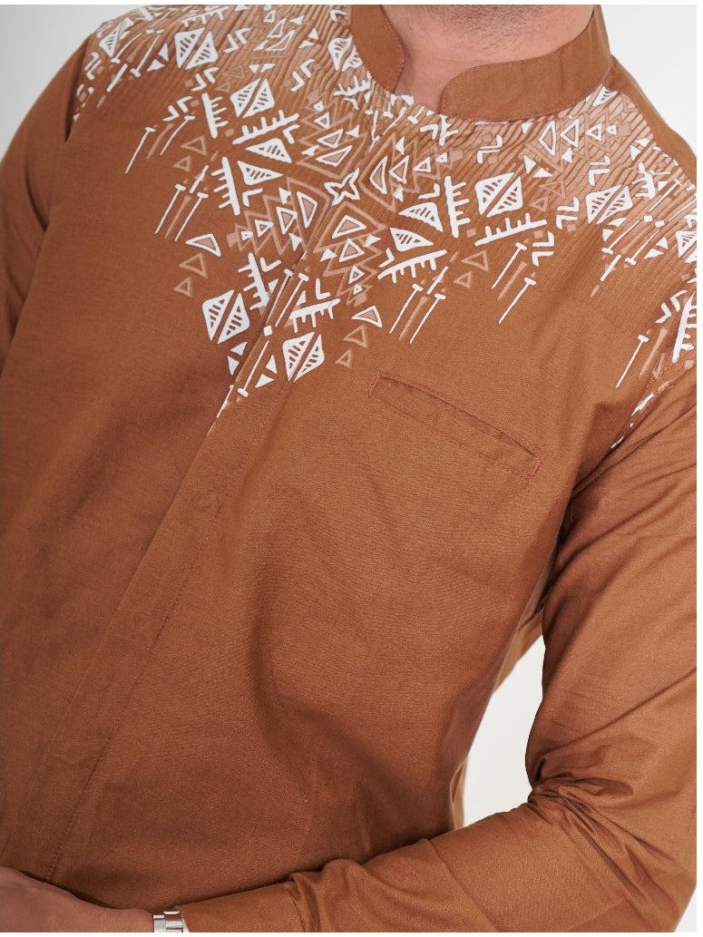 Swipe Up Kemeja Koko Pria Modern Katun Lengan Panjang Motif Arfathan Brown