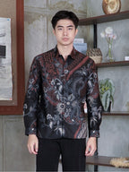 Swipe Up Kemeja Batik Pria Katun Modern Slimfit Lengan Panjang Hoya Mahogany Black
