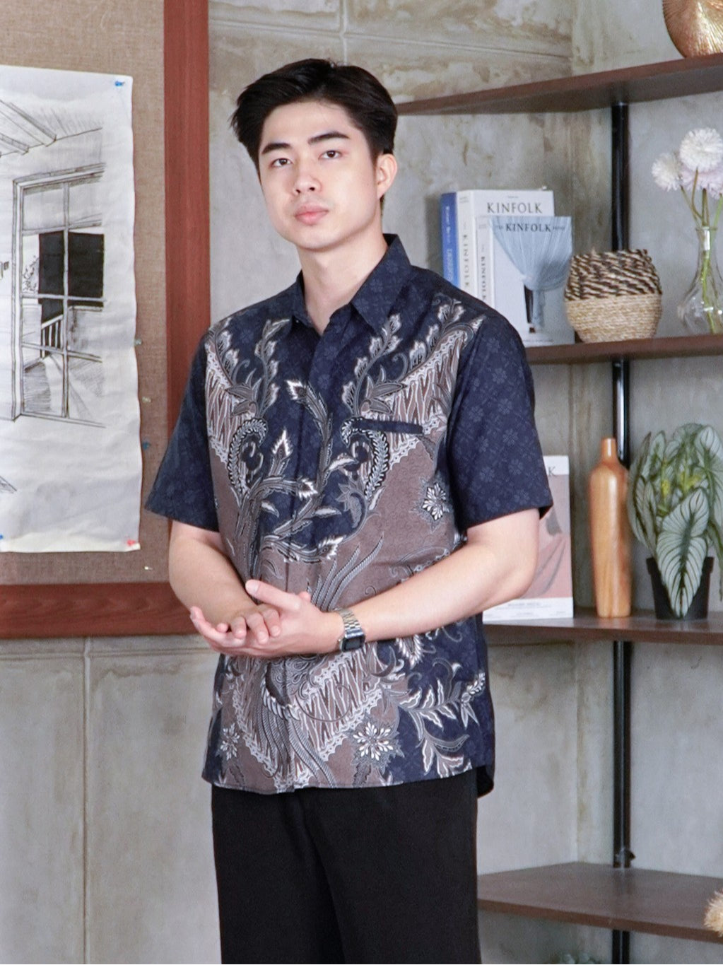 Swipe Up Kemeja Batik Pria Katun Modern Slimfit Lengan Pendek Keitoo Navy
