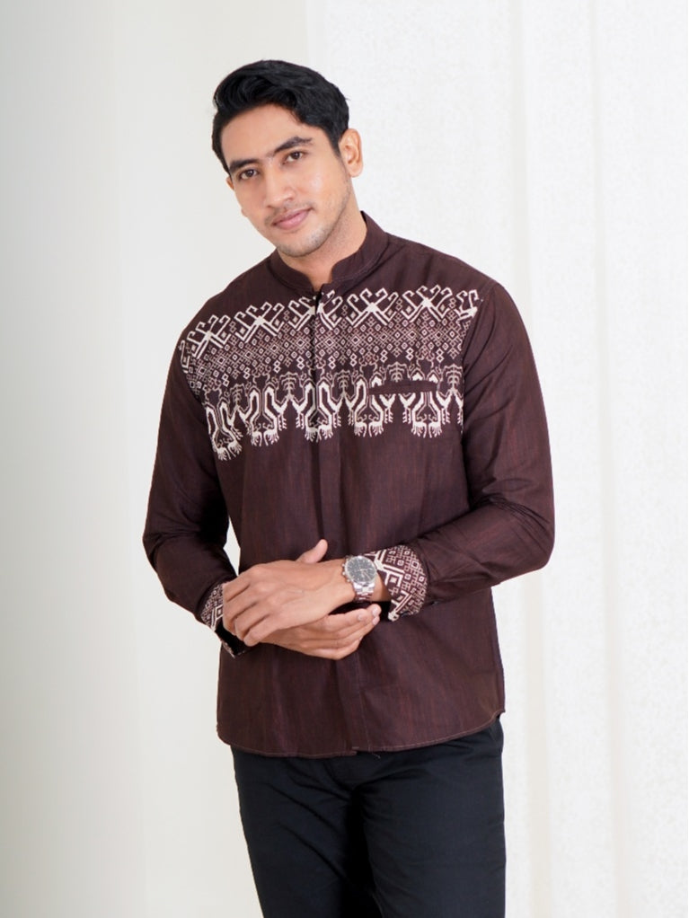 Swipe Up Kemeja Koko Pria Modern Katun Lengan Panjang Motif Rayyan Mahogany