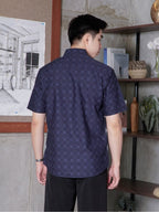 Swipe Up Kemeja Batik Pria Katun Modern Slimfit Lengan Pendek Keitoo Navy