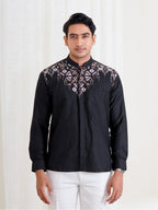 Swipe Up Kemeja Koko Pria Modern Katun Lengan Panjang Motif Arfathan Black