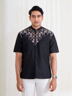 Swipe Up Kemeja Koko Pria Modern Katun Lengan Pendek Motif Arfathan Black