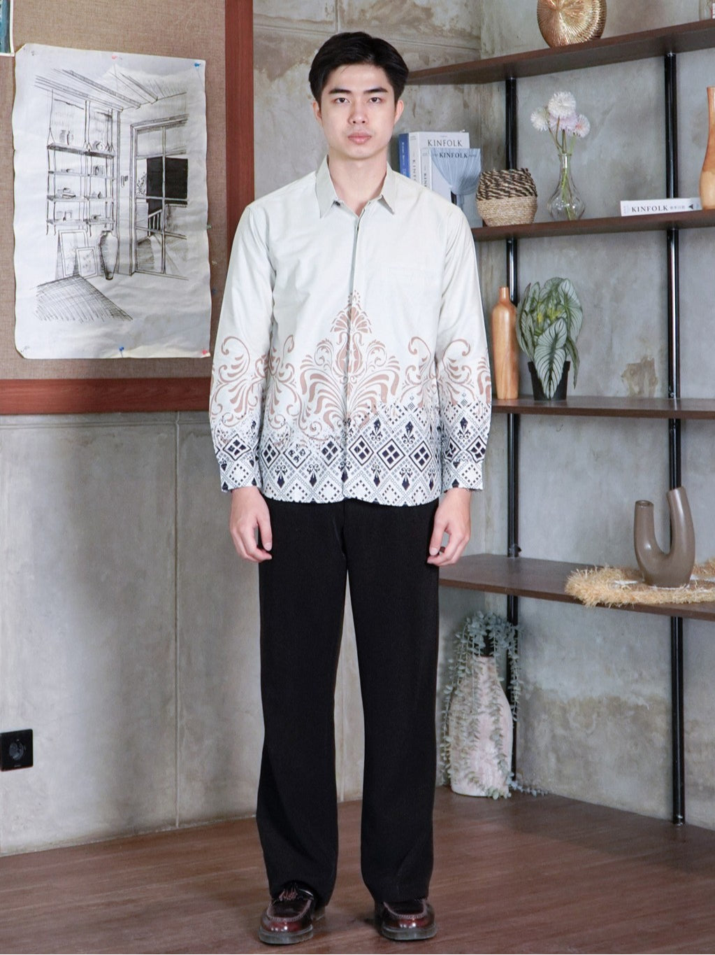Swipe Up Kemeja Batik Pria Katun Slimfit Modern Lengan Panjang Motif  Kresna Cream