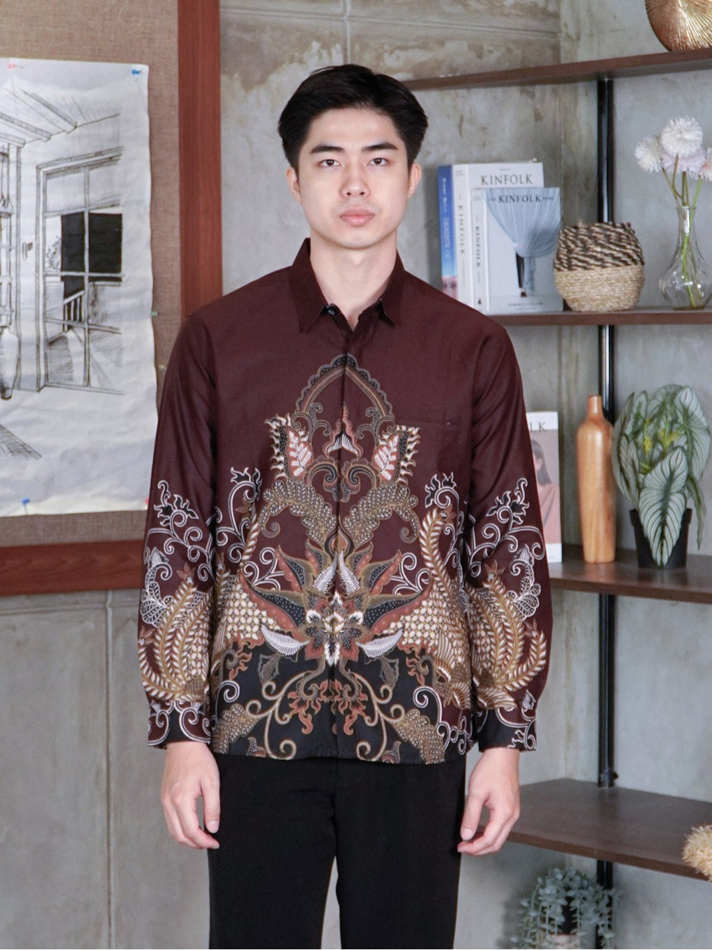 Swipe Up Kemeja Batik Pria Modern Slimfit Lengan Panjang Abimanyu Mahogany