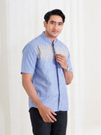 Swipe Up Kemeja Koko Pria Modern Katun Lengan Pendek Motif Ghaisan Denim