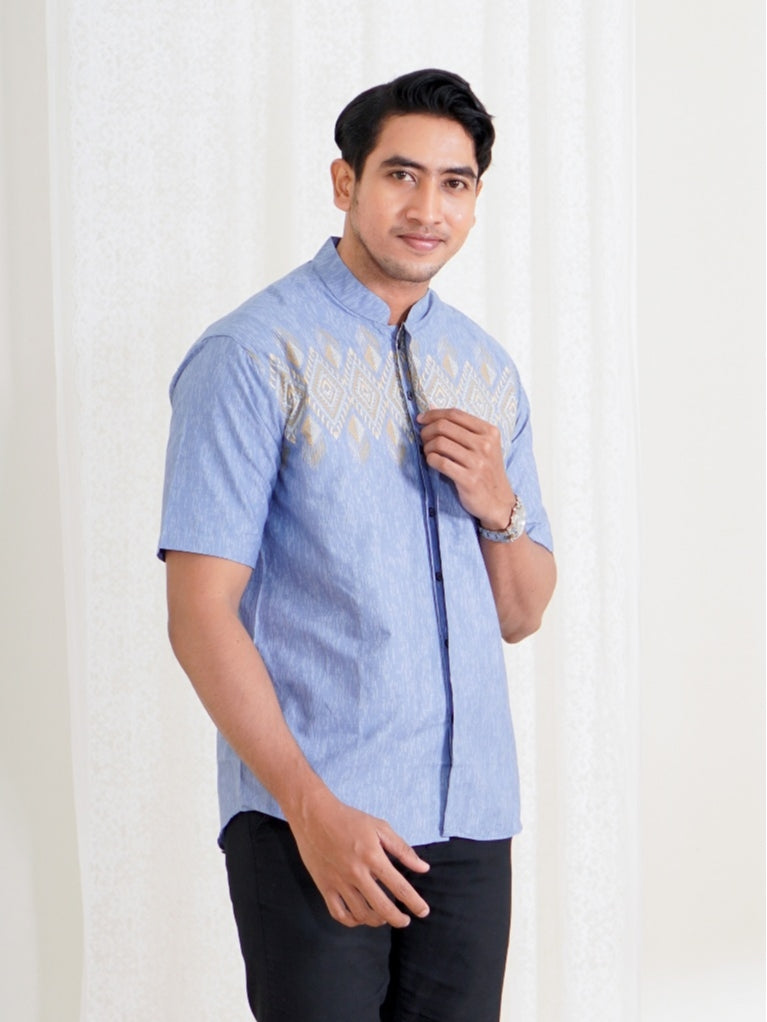 Swipe Up Kemeja Koko Pria Modern Katun Lengan Pendek Motif Ghaisan Denim