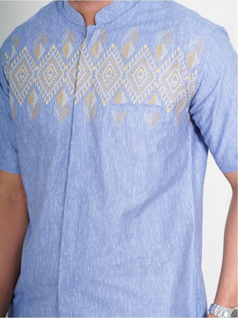 Swipe Up Kemeja Koko Pria Modern Katun Lengan Pendek Motif Ghaisan Denim
