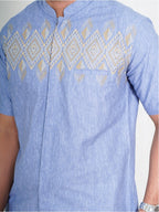 Swipe Up Kemeja Koko Pria Modern Katun Lengan Pendek Motif Ghaisan Denim
