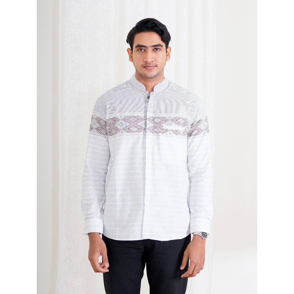 Swipe Up Kemeja Koko Pria Modern Katun Lengan Panjang Motif Zayn White