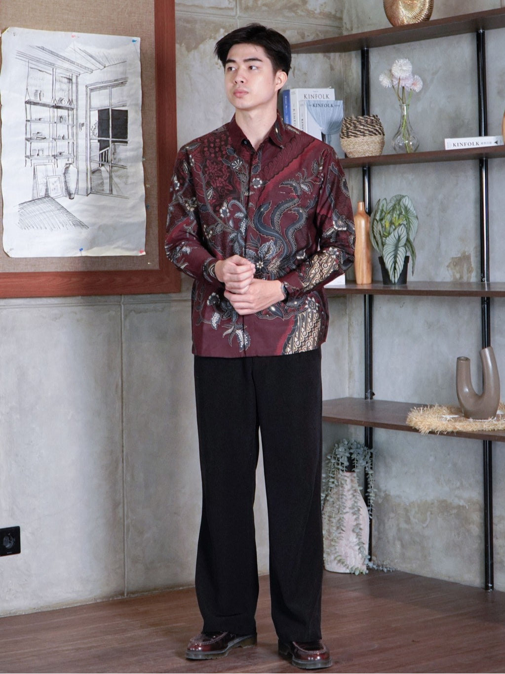 Swipe Up Kemeja Batik Pria Modern Slimfit Lengan Panjang Hoya Maroon