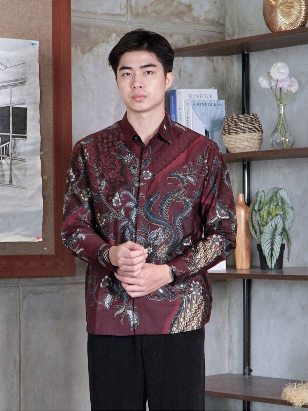 Swipe Up Kemeja Batik Pria Modern Slimfit Lengan Panjang Hoya Maroon