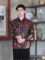 Swipe Up Kemeja Batik Pria Modern Slimfit Lengan Panjang Hoya Maroon