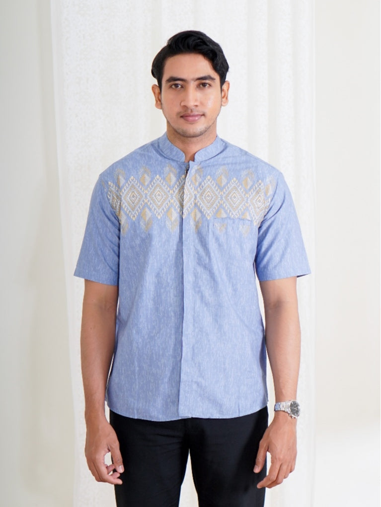 Swipe Up Kemeja Koko Pria Modern Katun Lengan Pendek Motif Ghaisan Denim