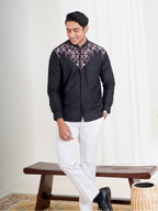 Swipe Up Kemeja Koko Pria Modern Katun Lengan Panjang Motif Arfathan Black