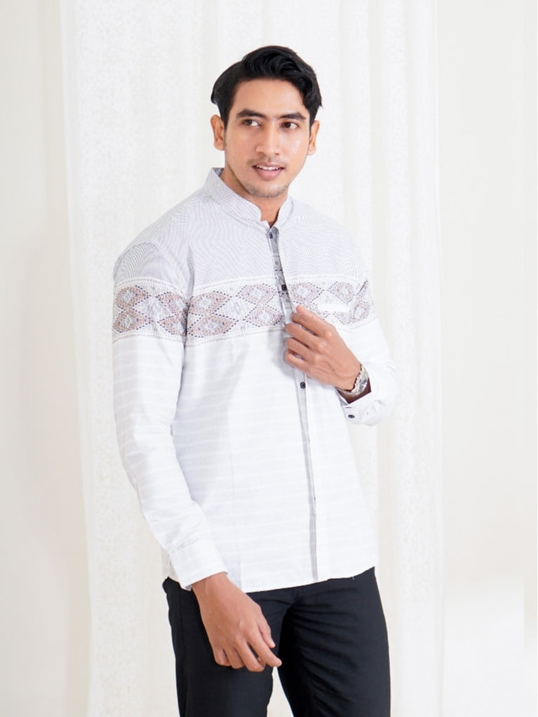 Swipe Up Kemeja Koko Pria Modern Katun Lengan Panjang Motif Zayn White