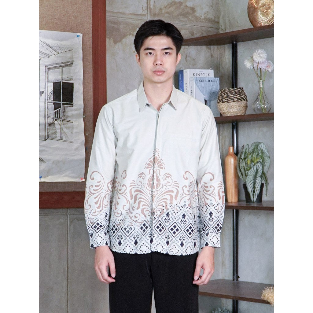 Swipe Up Kemeja Batik Pria Katun Slimfit Modern Lengan Panjang Motif  Kresna Cream
