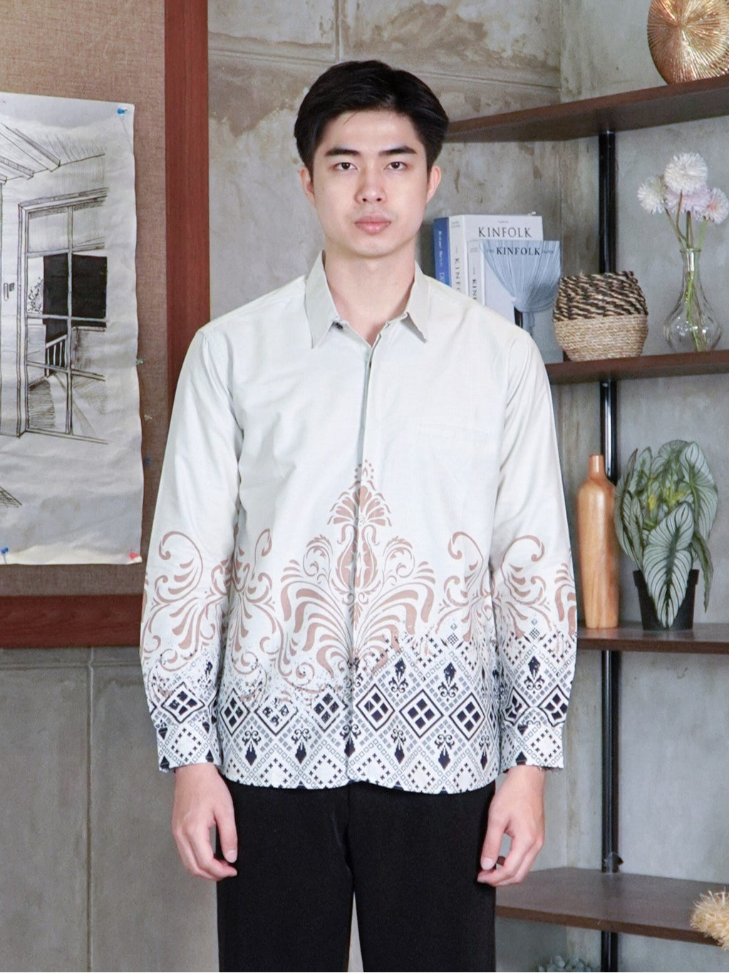 Swipe Up Kemeja Batik Pria Katun Slimfit Modern Lengan Panjang Motif  Kresna Cream
