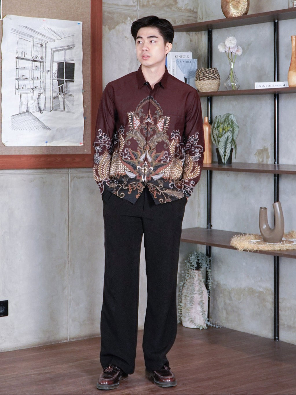 Swipe Up Kemeja Batik Pria Modern Slimfit Lengan Panjang Abimanyu Mahogany
