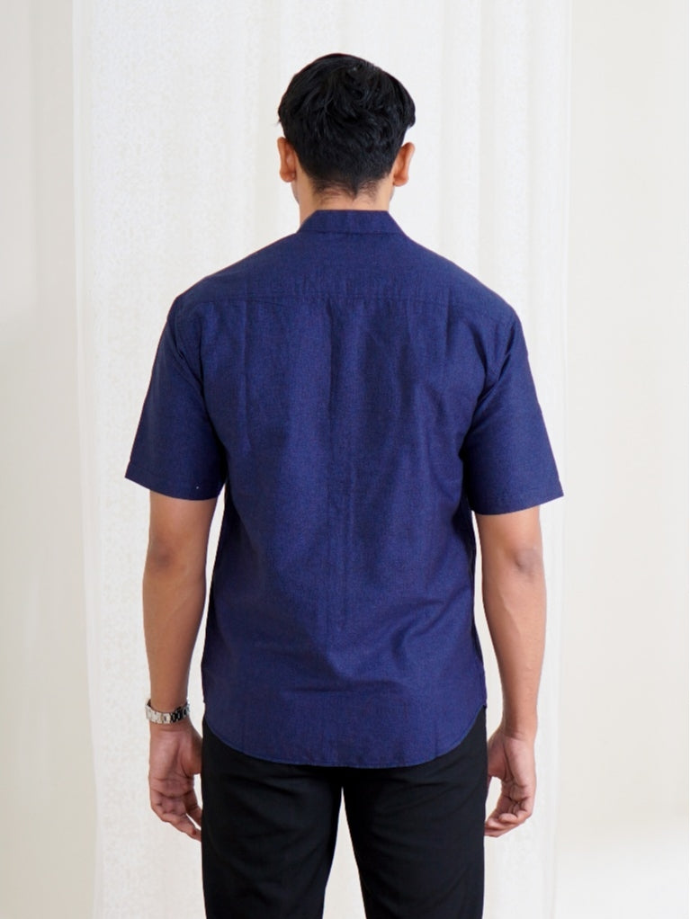 Swipe Up Kemeja Koko Pria Modern Katun Lengan Pendek Motif Fayez Navy