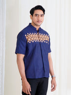 Swipe Up Kemeja Koko Pria Modern Katun Lengan Pendek Motif Fayez Navy